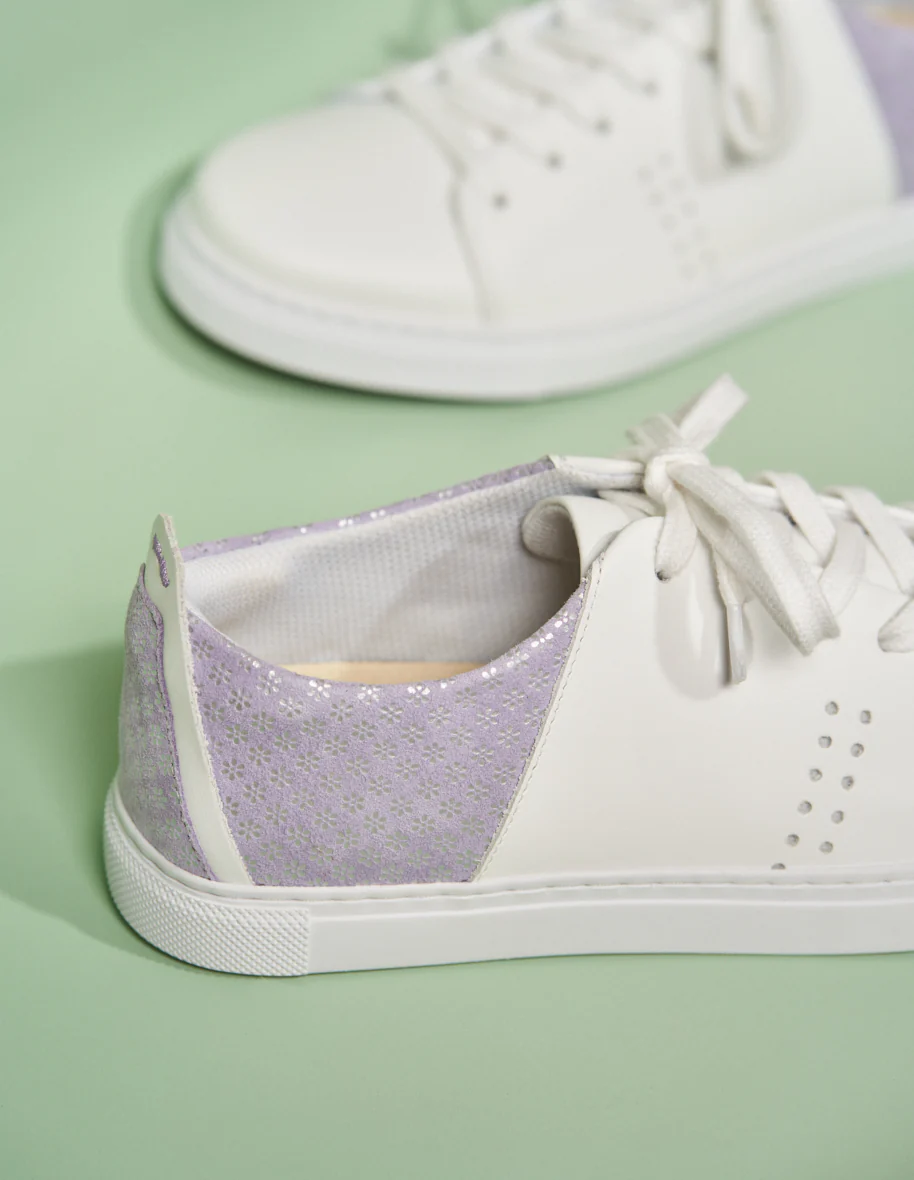 Baskets basses Renée - Cuir blanc et suède floral lilas