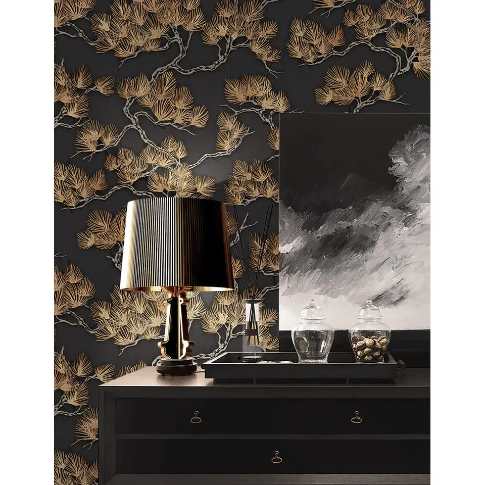 Dutch Wallcoverings Vliesbehang Wall Fabric pine tree - zwart - 10,05m x 53cm