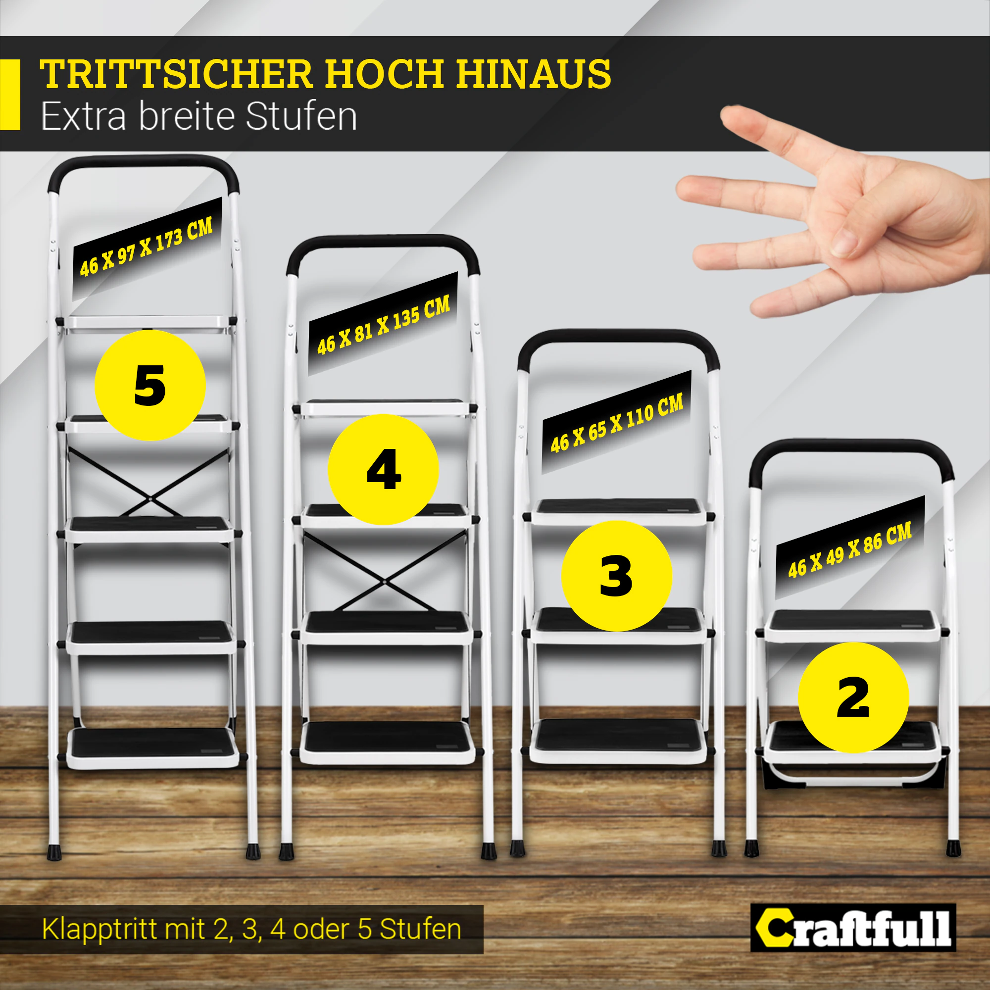 Craftfull Klapptritt CF-132A, Anti-Rutsch-Trittfläche und -füße, 2-5 Stufen, Haltebügel geschwungen (2 Stufen)