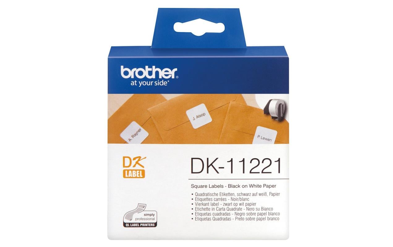 Etikettenrolle DK-11221Rolle mit quadratischen Etiketten, Schwarz auf Weiss