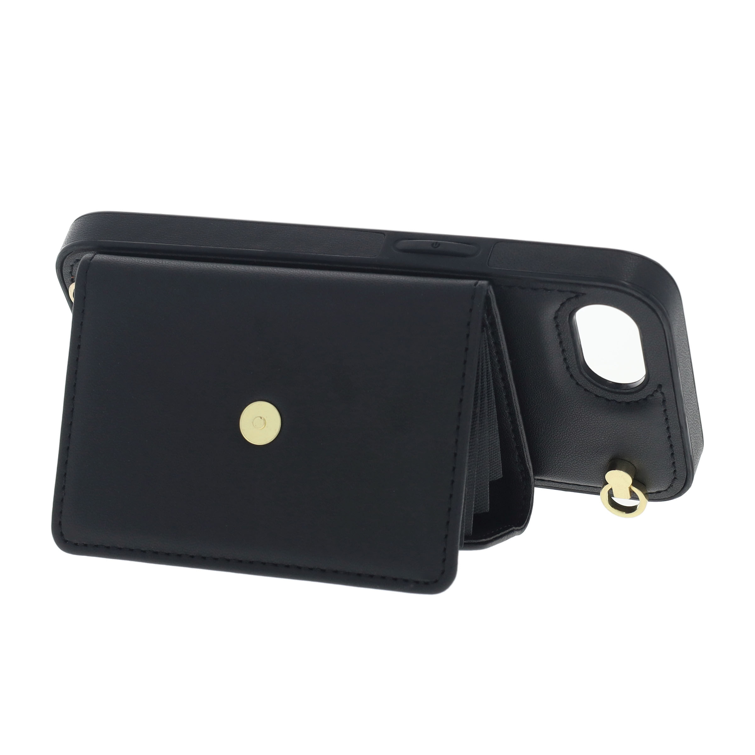 iPhone 16e Necklace Leder Schutz Hülle mit Kartenfach   Handykette (140cm) - Schwarz