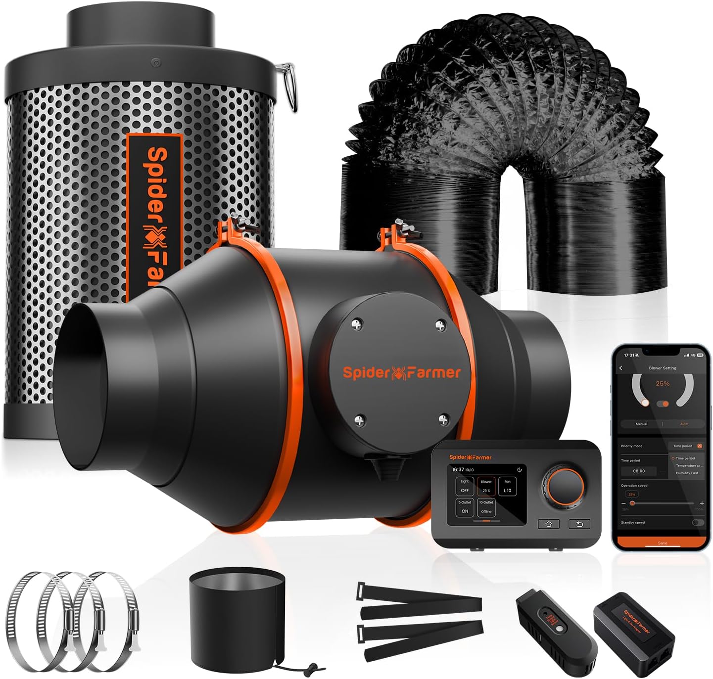 Spider Farmer Rohrventilator 100mm/4 Inch Abluftset mit GGS Temp Feucht Controller, Aktivkohlefilter Schlauch Abluft Lüfter, Belüftungssystem Lüftungsset für Growzelt, Growbox