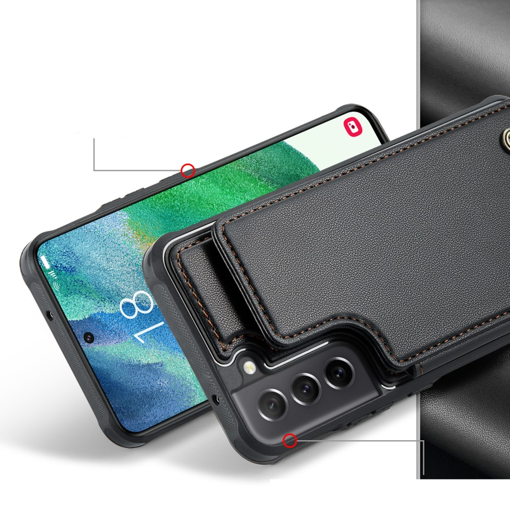 Samsung Galaxy S21 FE 5G Leder Hülle mit Kartenfächern im Litchi Look   Kickstand (RFID Schutz) - Schwarz