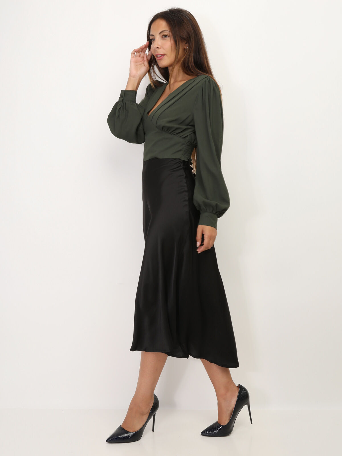 Blouse courte à manches ballons- Kaki