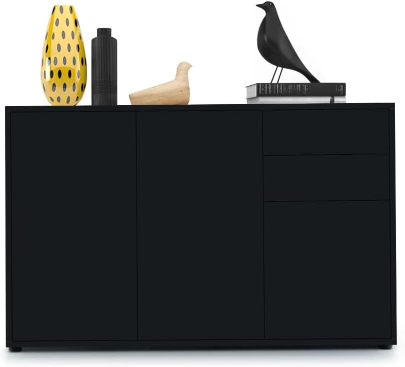 Vladon Sideboard Ben V3, Kommode mit 3 Türen und 2 Schubladen, Schwarz matt/Schwarz matt (117 x 74 x 36 cm)