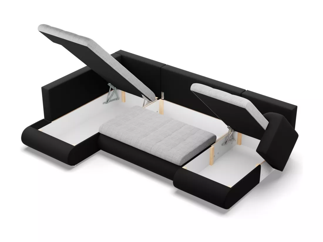 Canapé d'angle en U avec fonction sommeil, Ottoman, Gris + Noir