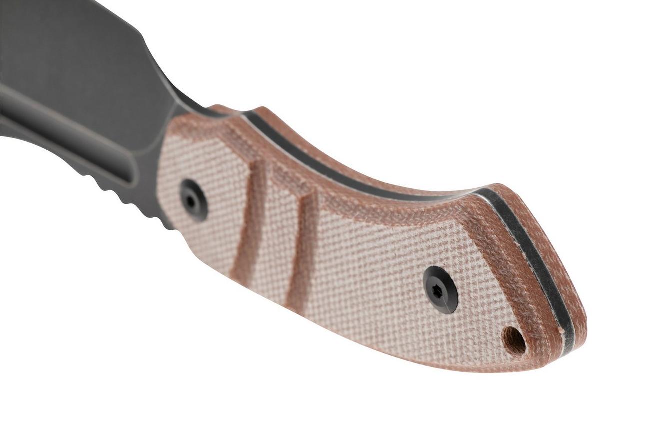 Kansept Korvid S G2030A4 Blackwashed 14C28N, Brown Micarta, vaststaand mes, Justin Koch design