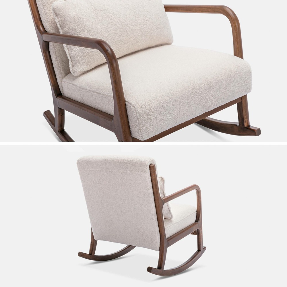 Fauteuil à bascule design en bois et tissu. Bouclettes blanches. Structure hévéa teinté noyer clair