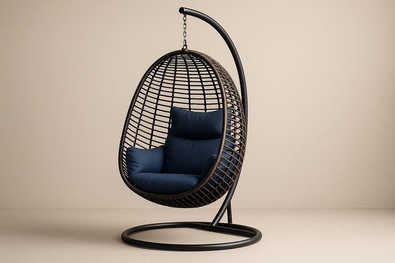 Garten-Hängesessel in Ei-Form aus PE-Rattan mit Stahlrahmen und blauen