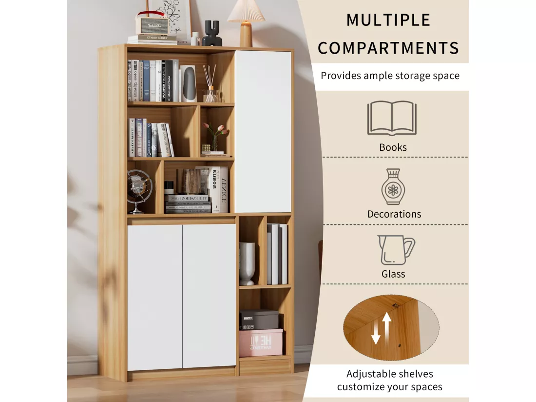 Vitrine avec 3 portes et étagères réglables - panneaux de particules - Naturel & Blanc