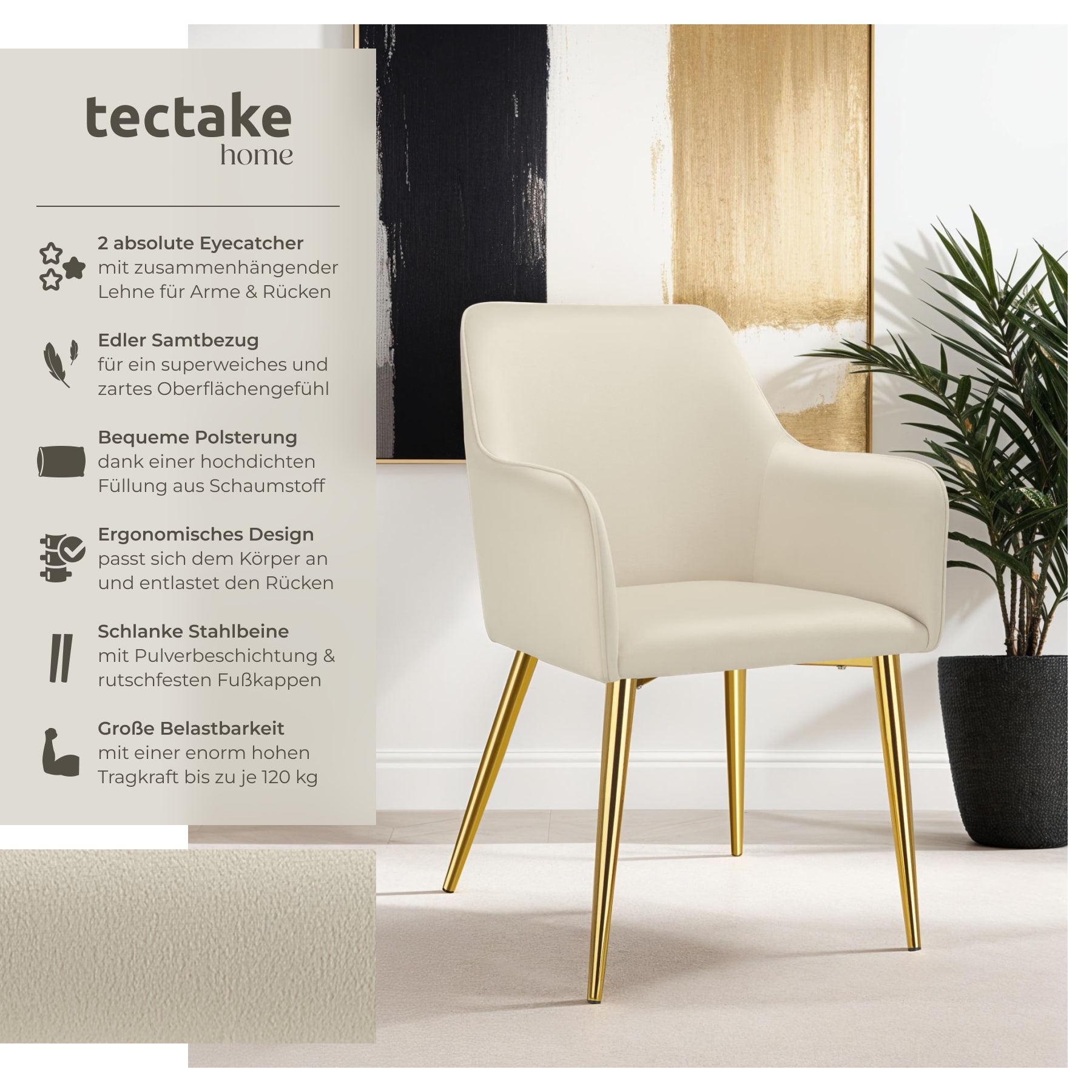 tectake® Armlehnstuhl, in Samtoptik, gepolstert, schlanke, pulverbeschichtete Stahlbeine, 55 x 63,5 x 86,5 cm