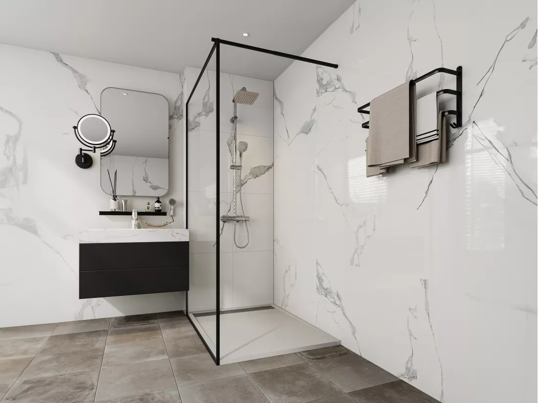Receveur extra-plat à poser ou à encastrer découpable en résine SMC avec siphon - Blanc - 120 x 90 cm - LYROSA