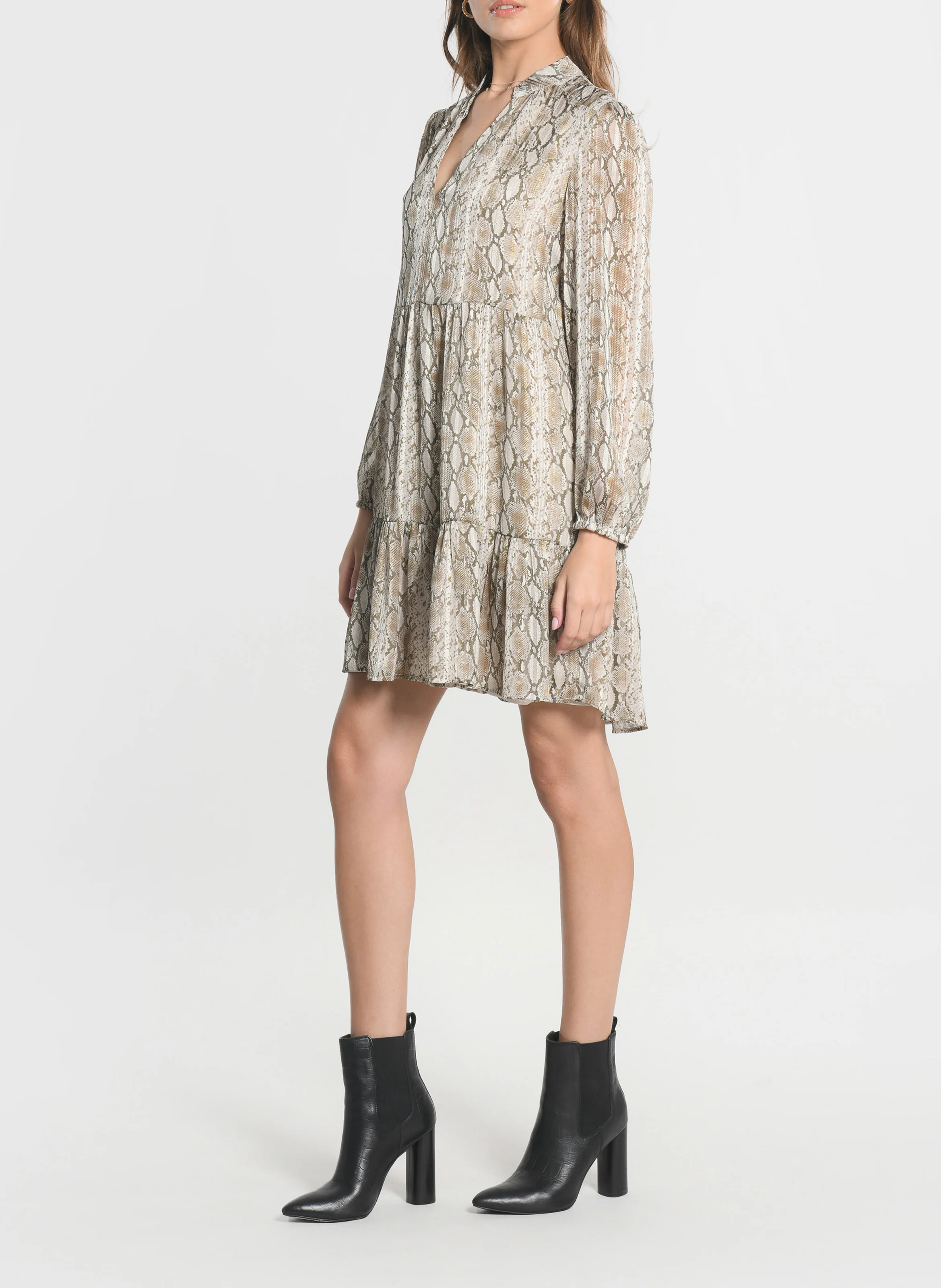 HENNA - Robe courte col V imprimée | Beige