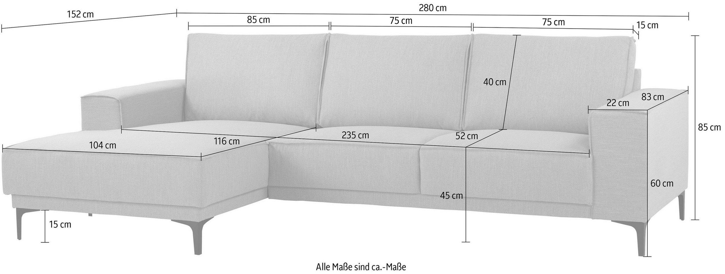 GOODproduct Ecksofa »Polsterecke Oland, Struktur, Flachgewebe, Luxus-Microfaser, Boucle« L-Form, 280 cm, Wellenunterfederung, Skandi-Design, Metallfüsse