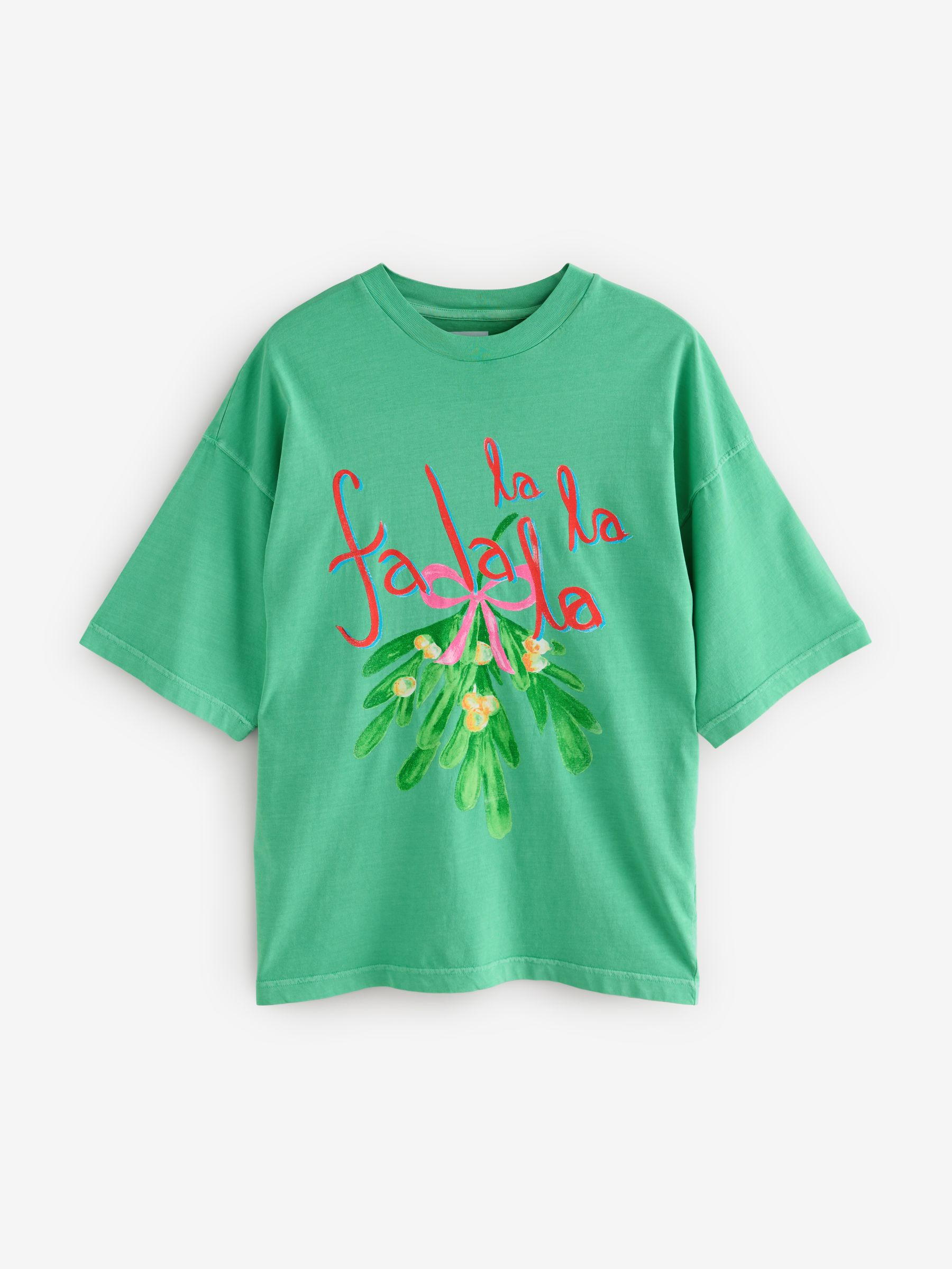 Groen - Feestelijk 'Fa La La' kerstprint 100% katoenen T-shirt
