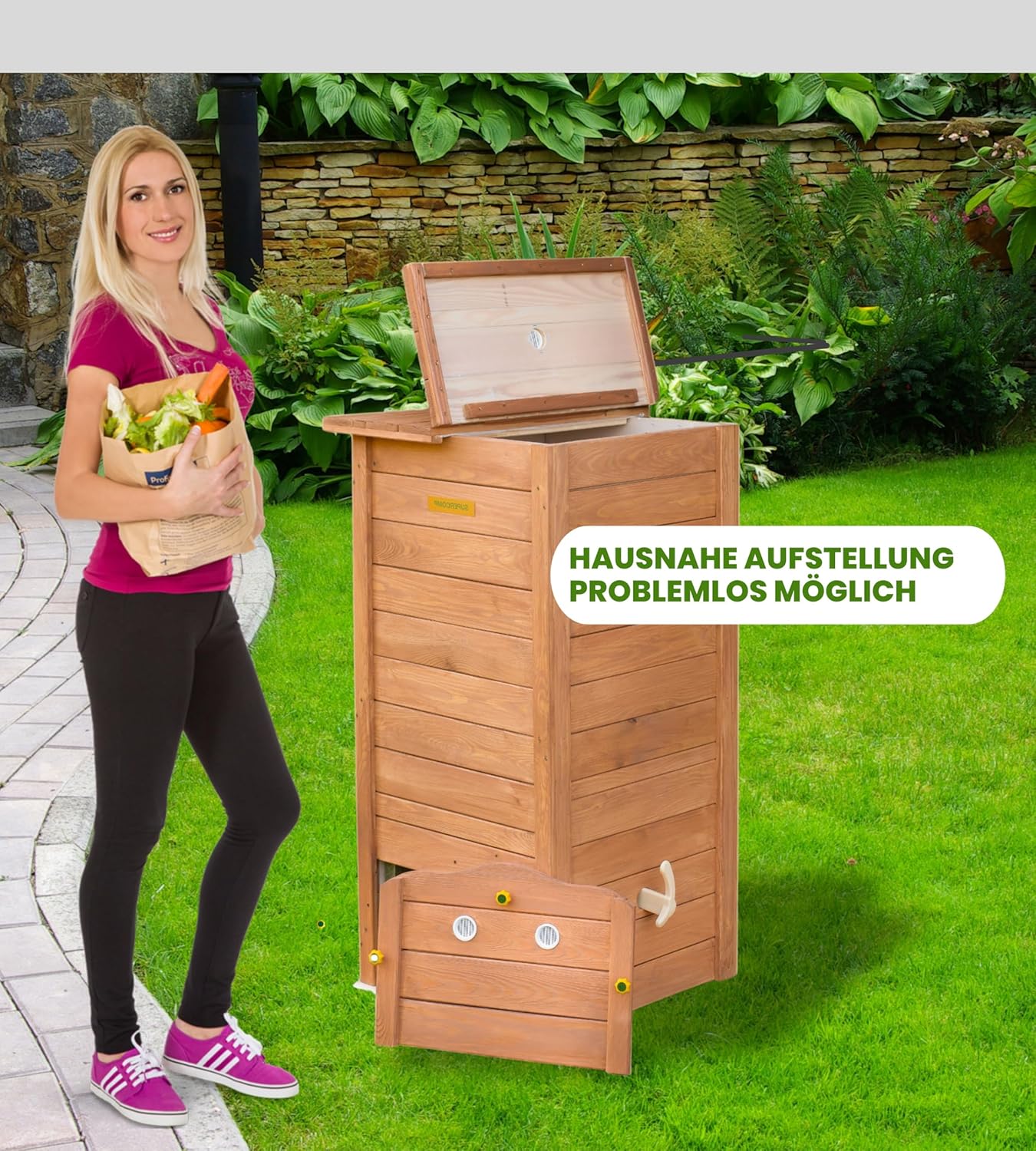 Holz Komposter Rattensicher mit Deckel, Schädlingsschutz, Durchlüftungsgitter und Boden, Gleit-Technik Kompostieren ohne üblen Gerüche, kein Umsetzen mehr, 340 L