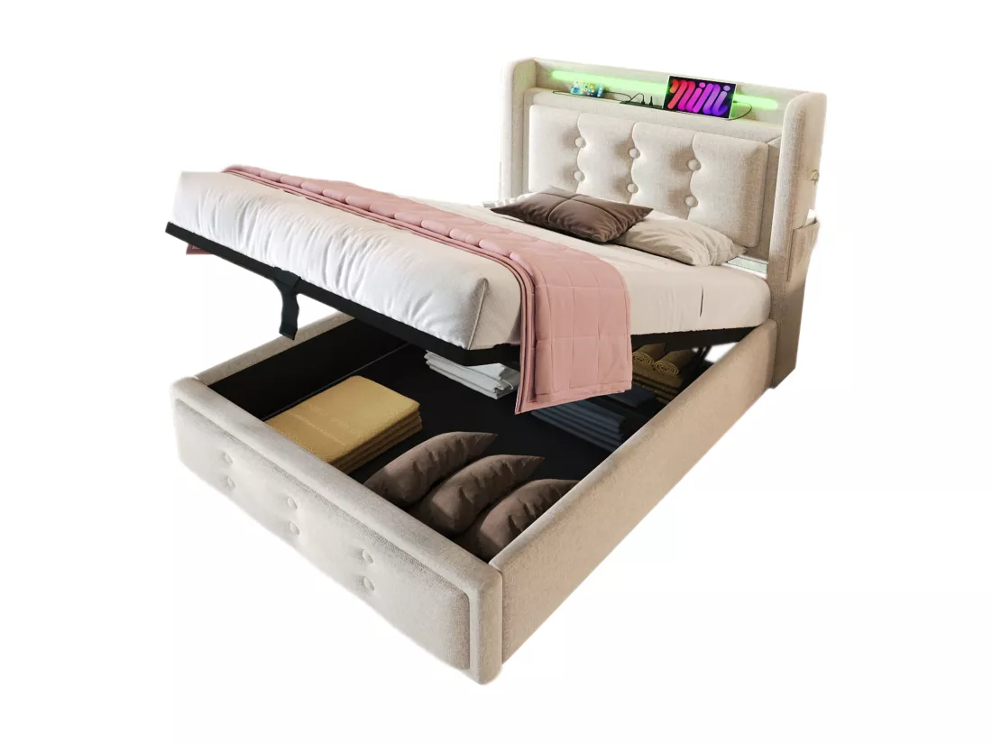 Lit coffre 90 x 200 cm avec tête de lit LED, prise USB Type-C - Tissu en coton - Beige (sans matelas)