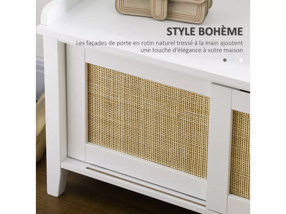 Meuble chaussures banc à chaussures 2 en 1 style bohème chic 2 portes coulissantes - MDF blanc cannage rotin