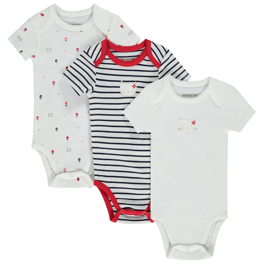 Lot de 3 bodies manches courtes Chat pour bébé fille - Ecru