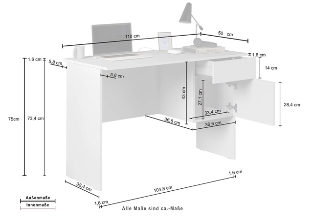 INOSIGN Schreibtisch »Sunrise, kleiner Computertisch, Bürotisch« mit 1 Tür & 1 Schublade, Tischplatte Breite 110 cm, Made in Italy