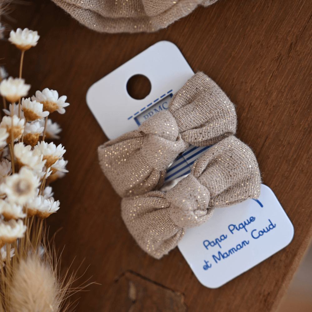 Barrettes Clic-Clac Petits Noeuds Gaze Pailletée Camel