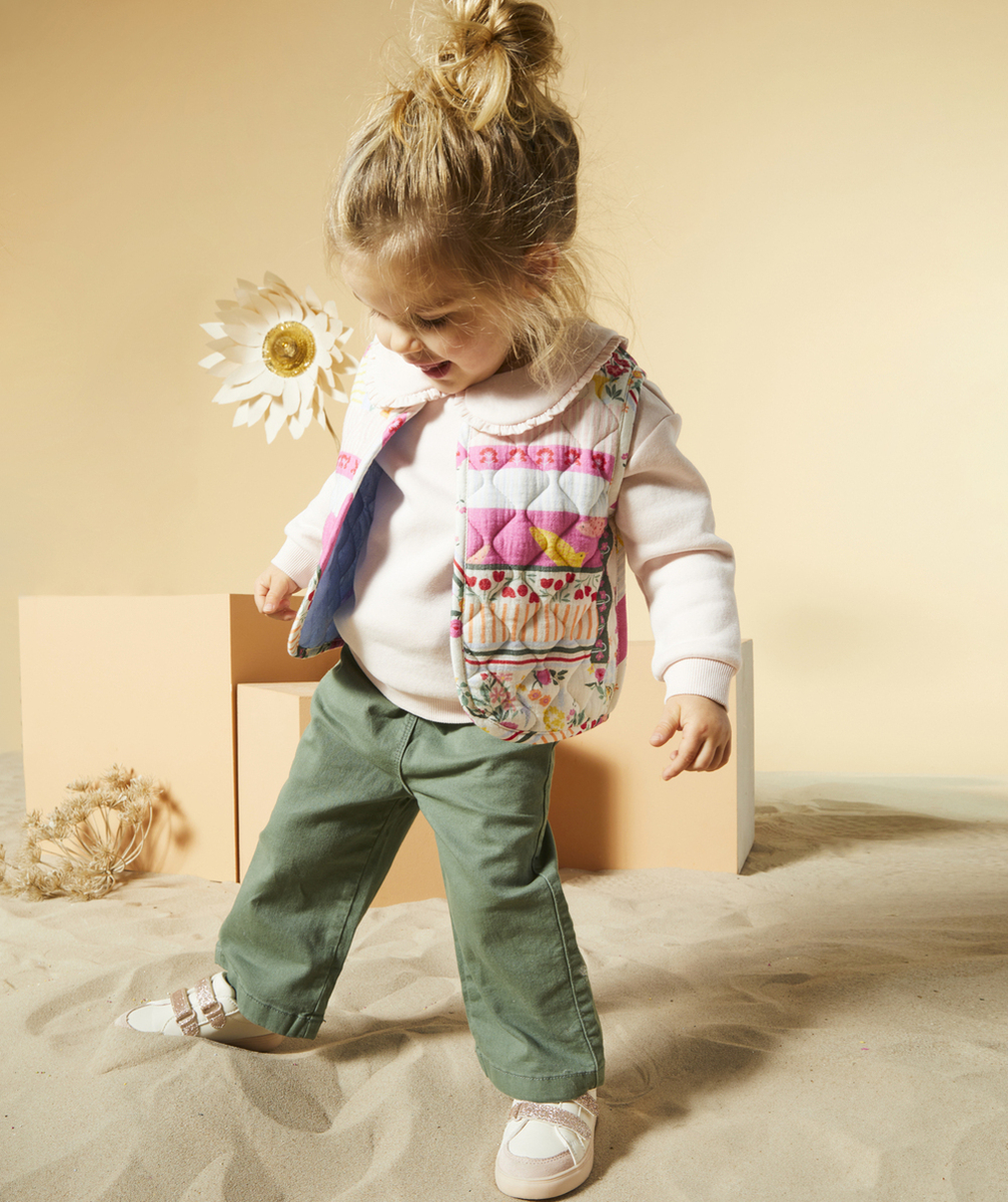 PANTALON WIDE LEG BÉBÉ FILLE EN DENIM LOW IMPACT VERT AVEC CEINTURE