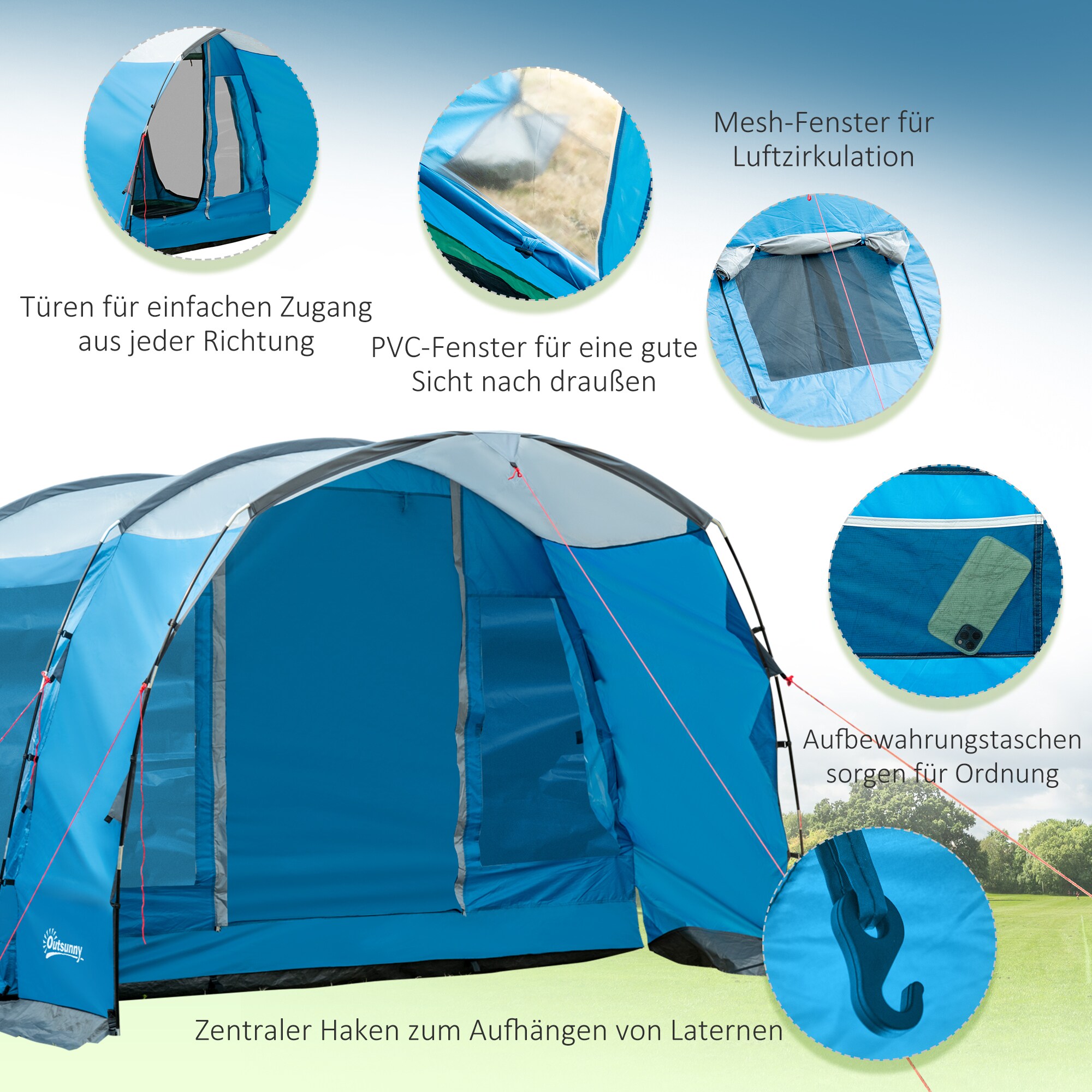 Outsunny Campingzelt mit Erdspieße, Tragetasche und Spannseilen blau 445L x 275B x 195Hcm