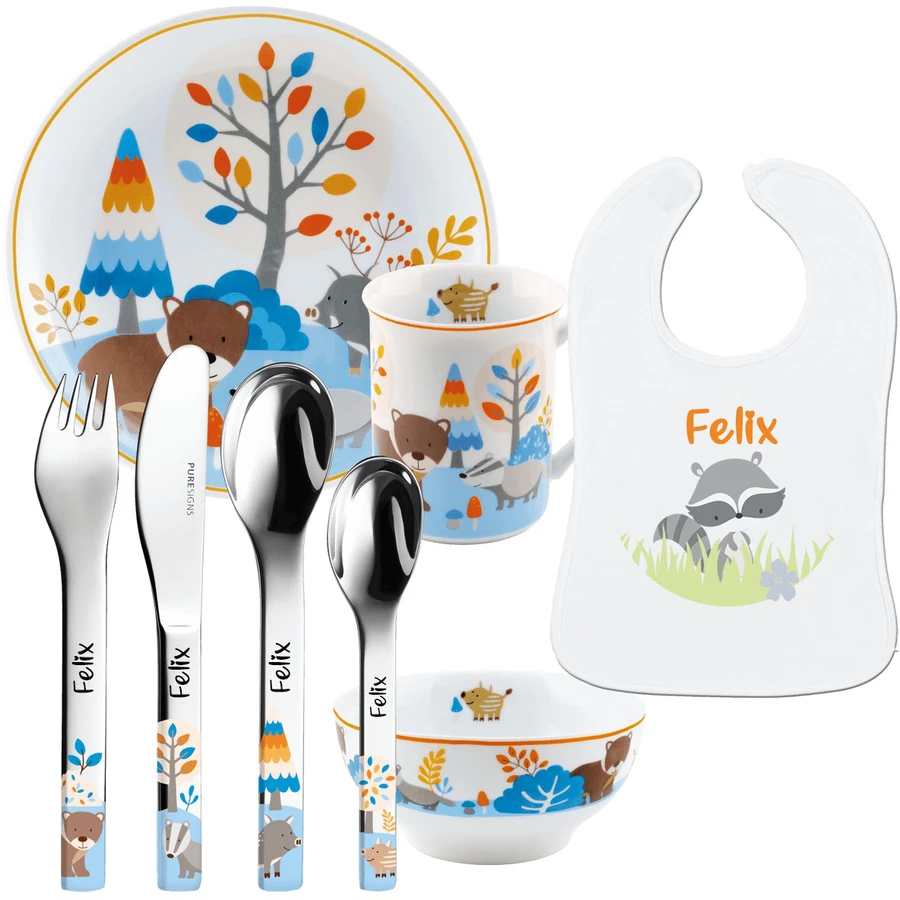 Schnullireich Geschenkset mit Namen Friends: Puresigns Kinderbesteck + Geschirr + Lätzchen Silber