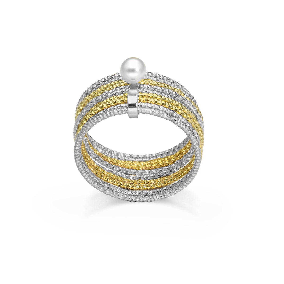 Bague En Argent Rhodié Et Doré Bicolore Multi Cercles Avec Perle Naturelle