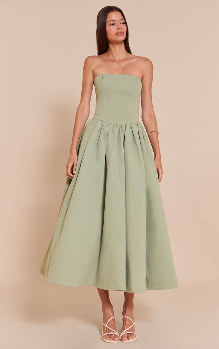 Vert Sauge Robe Patineuse Mi-longue À Bandeau Froncé En Tissu Tissé