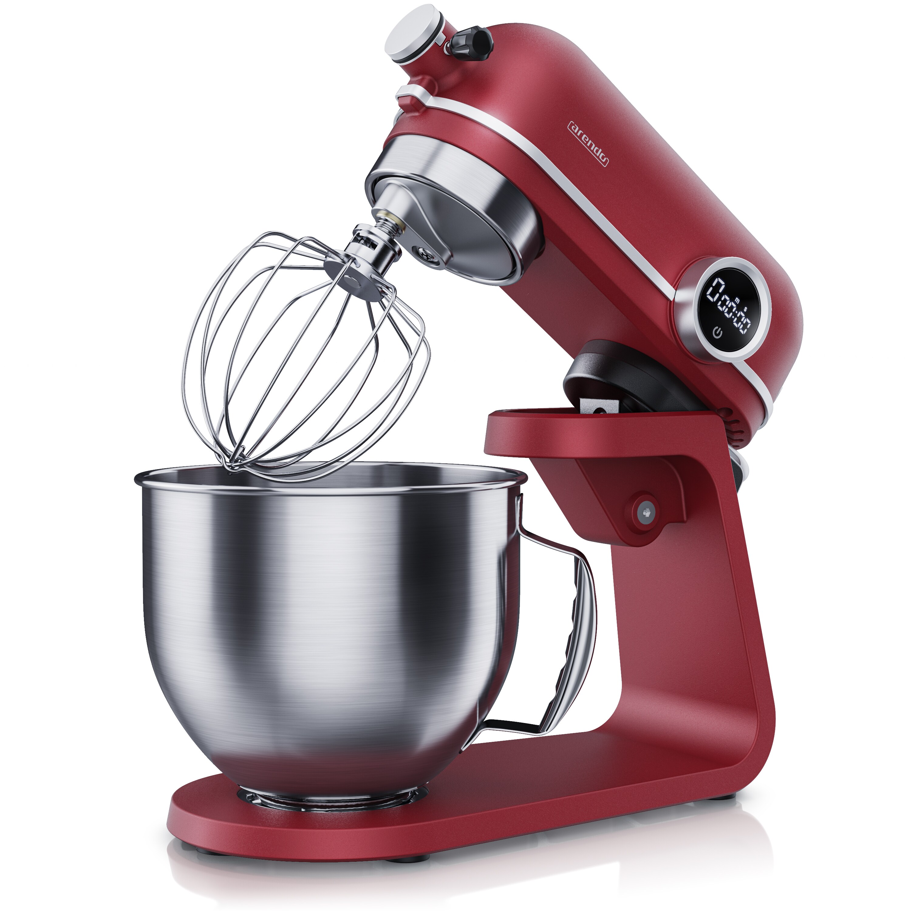 Arendo Küchenmaschine 800W mit Display, 8 Geschwindigkeitsstufen, 5l Edelstahl-Rührschüssel, inkl. 3 Rührwerkzeuge, Rot