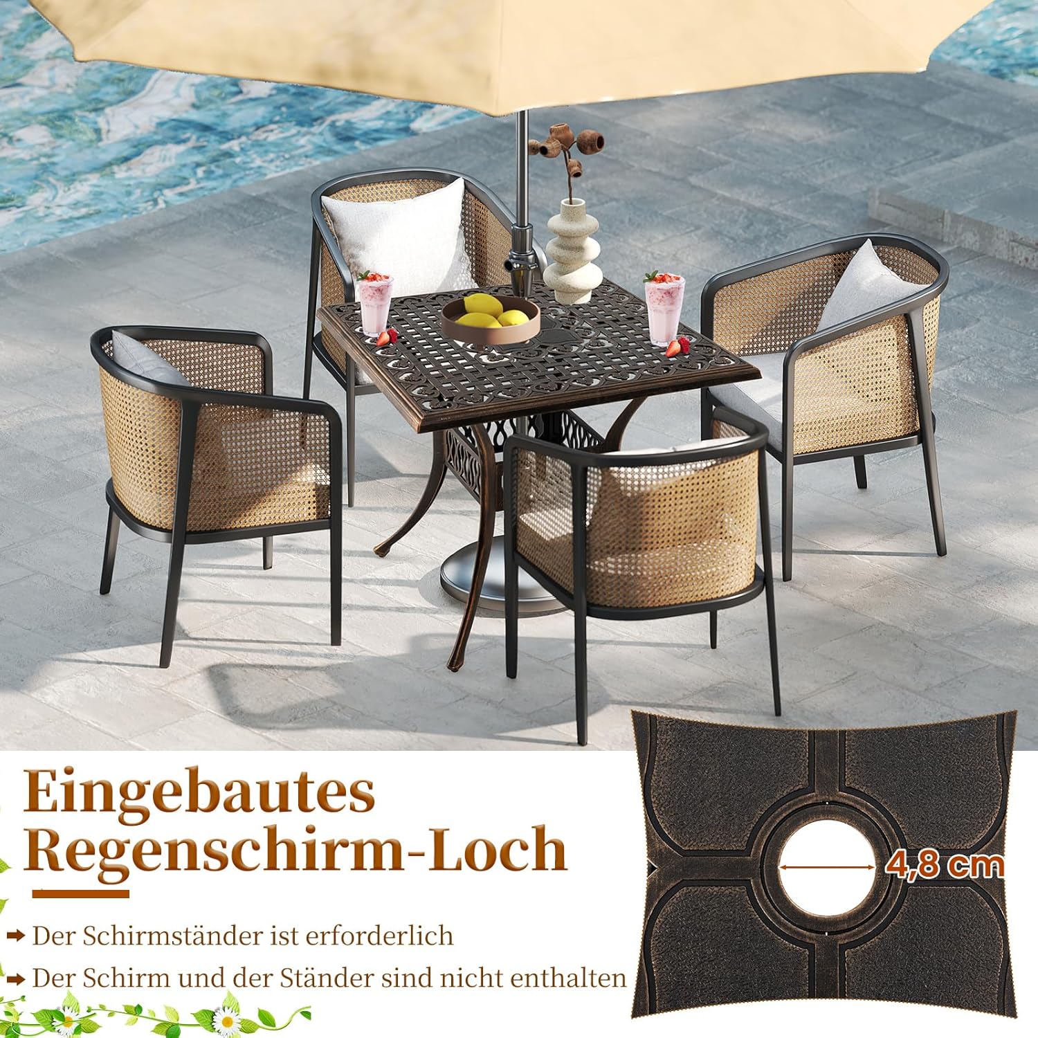 COSTWAY Gartentisch mit Schirmloch, 80x80x75cm, quadratischer Balkontisch aus Aluminiumguss, wetterfester Terrassentisch für 4 Personen, Outdoor-Esstisch für Garten