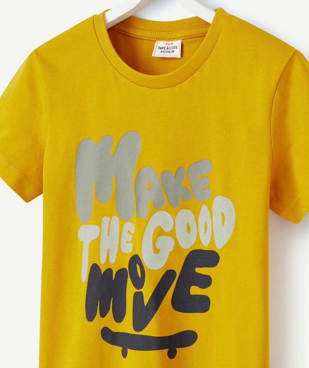 T-SHIRT GARÇON EN COTON BIO JAUNE AVEC MESSAGE ET SKATE
