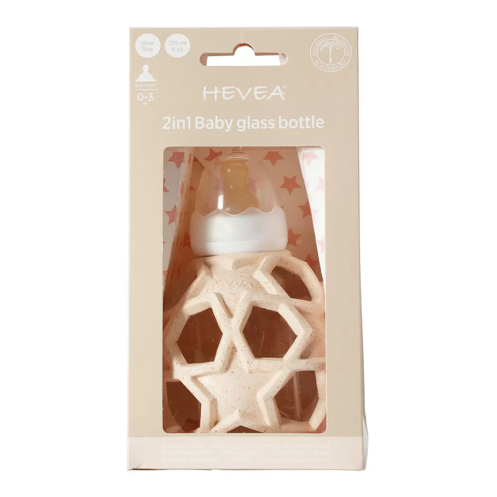 Hevea 2-i-1 Baby Glasflaske med Star Ball Cover - Lyserød