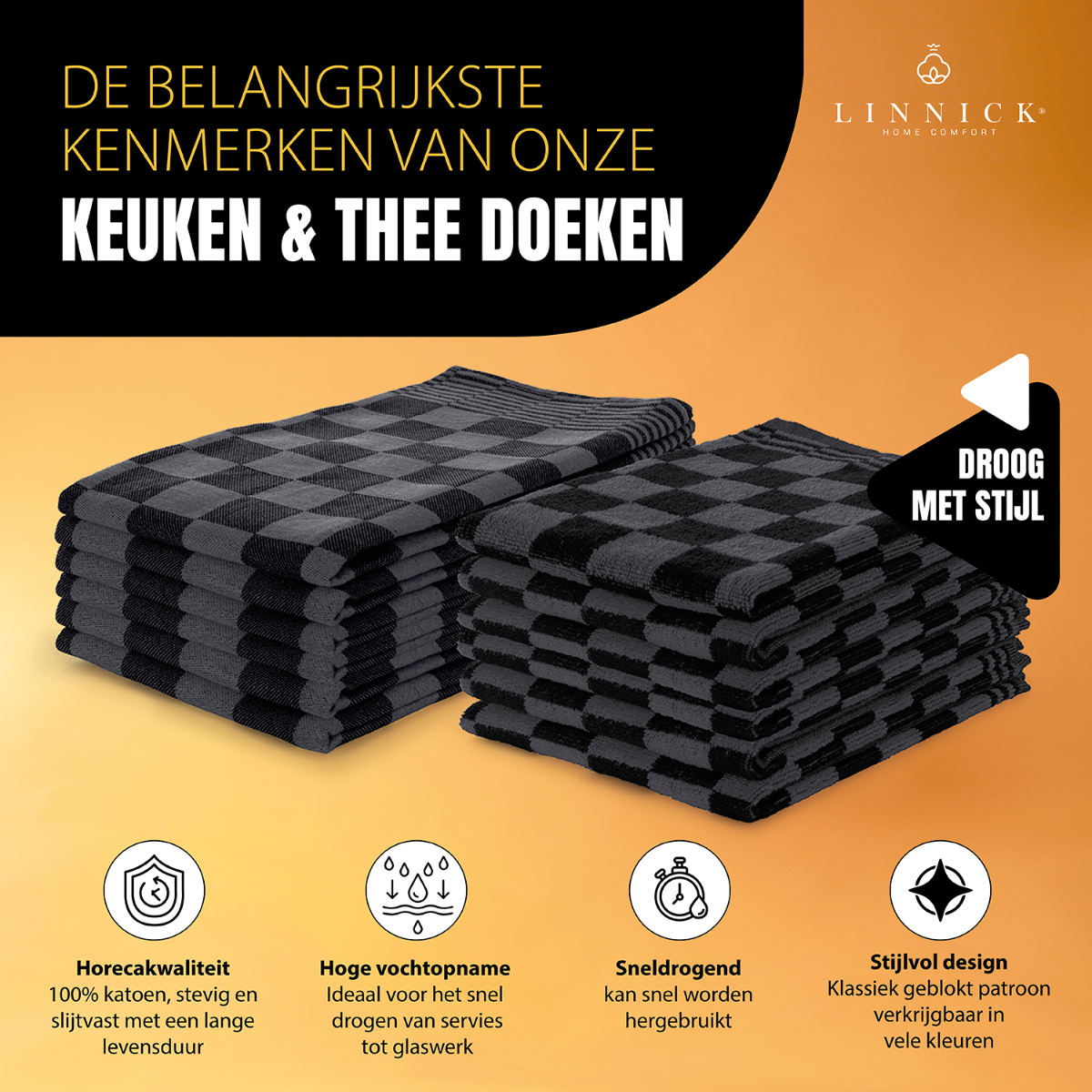 LINNICK Theedoeken & Keukendoeken Set Blok - zwart - set van 12