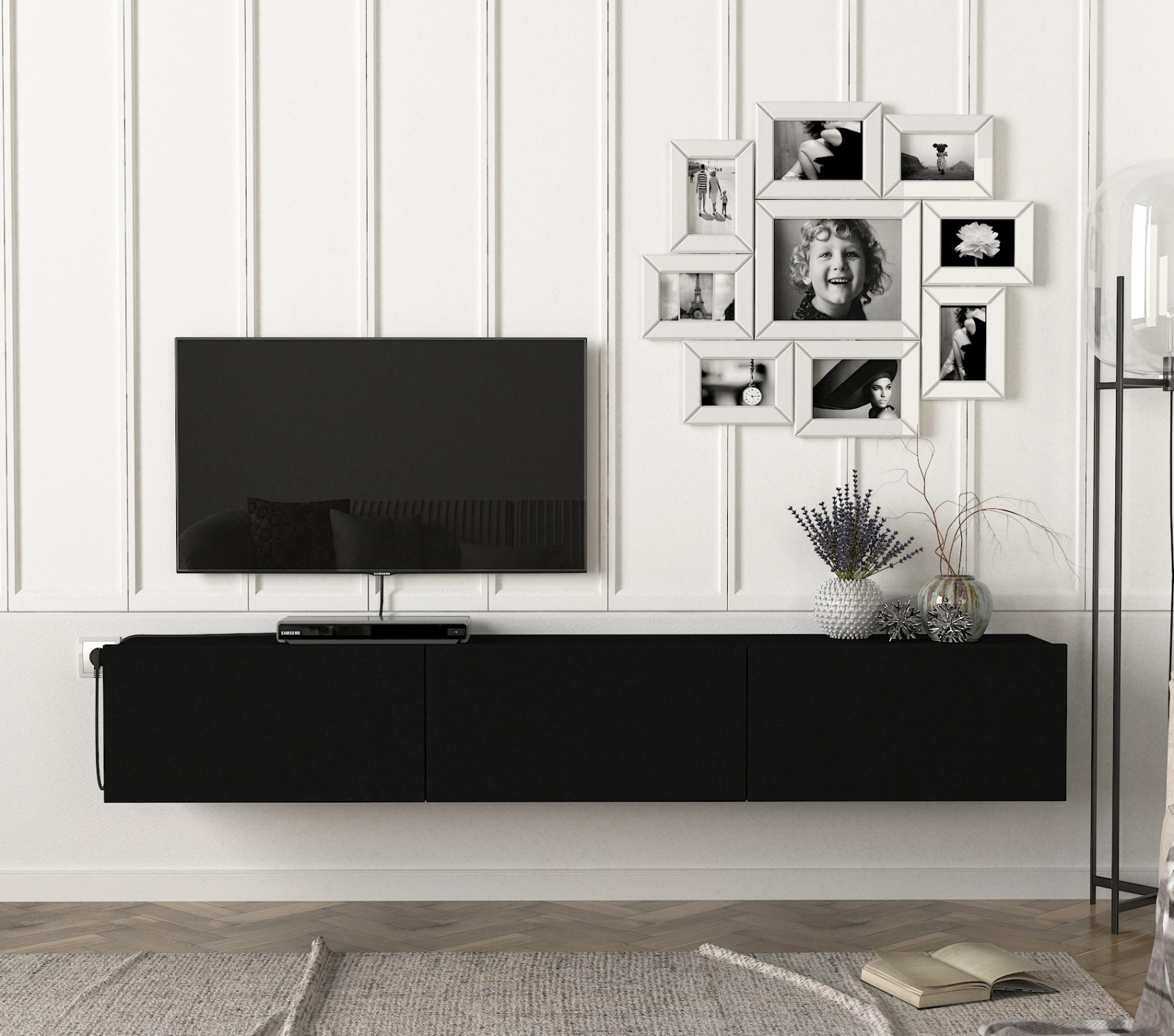 TV-Lowboard - schwarz - hängend - 180 cm