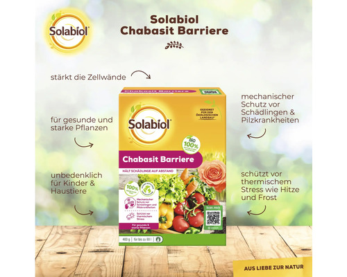 Plantversterkende werking Solabiol Chabasit Barrier 400 g houdt ongedierte op afstand, biedt mechanische bescherming tegen ongedierte en schimmelziekten en beschermt tegen thermische stress.
