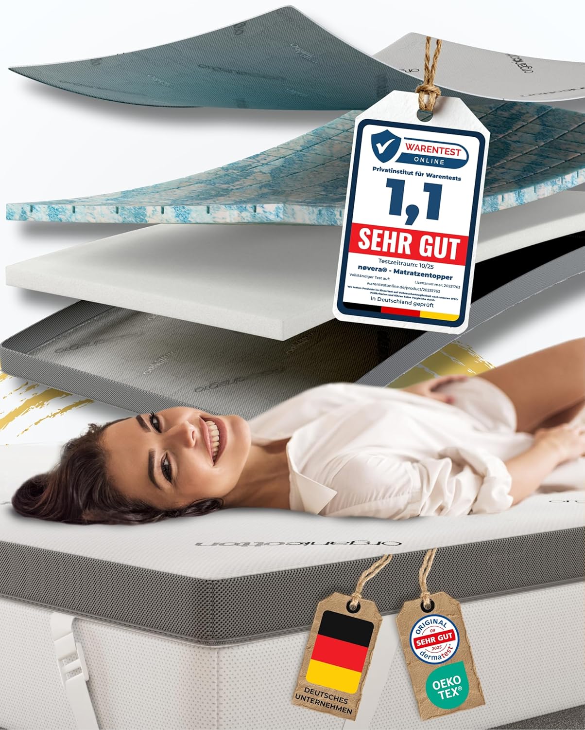 Premium Gel Topper 90x200cm | Hohes RG 50 & H3/H4 | wolkenweicher 7-Zonen Matratzentopper 90x200cm | Oberstoff aus 100% Bio-Baumwolle | 7cm Matratzen Topper 90x200 | Luxus Matratzenauflage