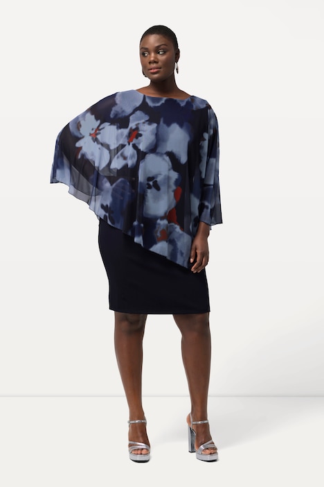 Kleid, Lagenoptik, Blüten, Rundhals, 3/4-Arm