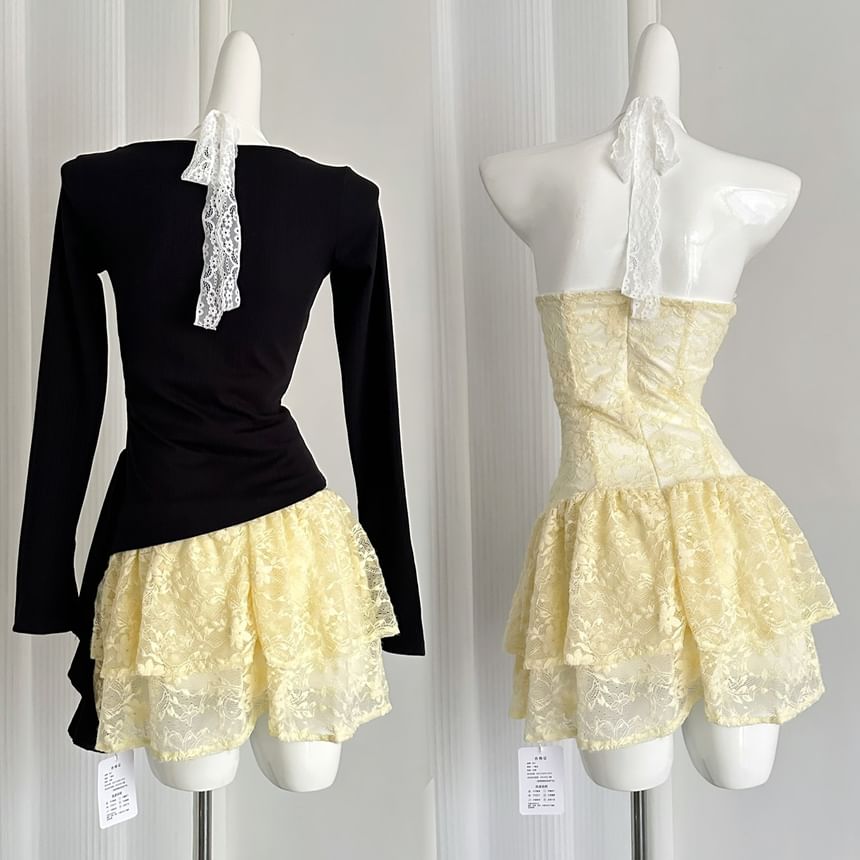 resinling - Halter V-hals effen kanten mini A-lijn jurk / Lange mouwen V-hals asymmetrische cutout top / Set