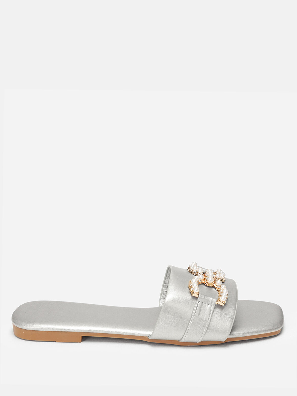 Mules avec bride à perles et strass- Argenté