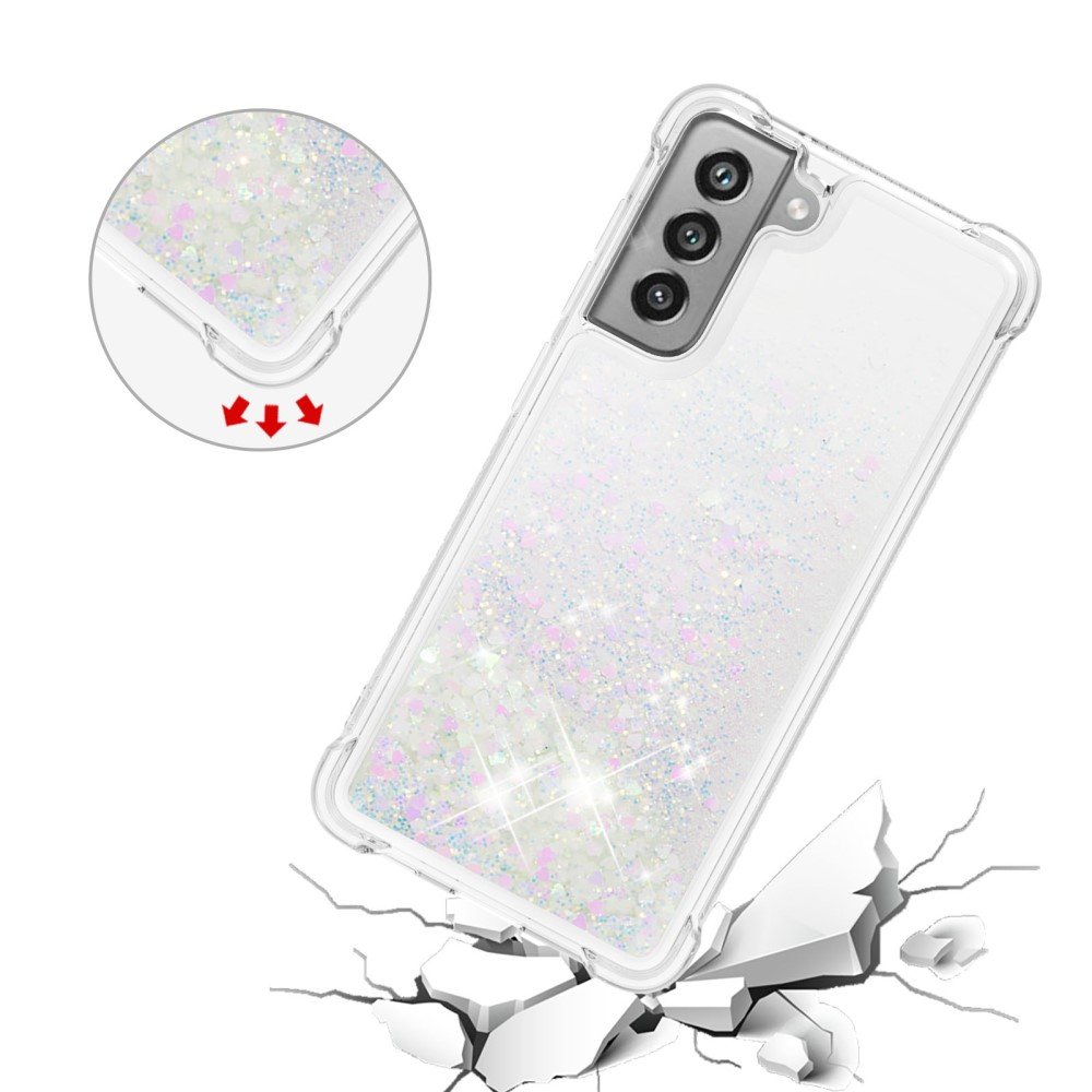 Samsung Galaxy S21 FE 5G Hardcase Hülle mit Air Cushion Fallschutz Liquid Case Glitzer Herzen - Silber/ Rosa / Transparent