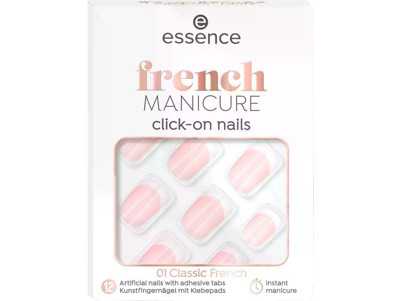 essence French Manicure click-on Nails 12 Stück Kunstnägel mit selbstklebenden Pads im French Manicure-Look