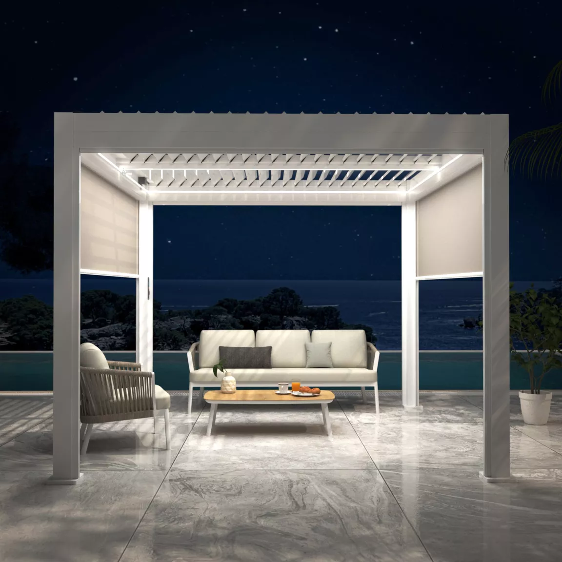 Pergola bioclimatique Autoportée motorisée aluminium et LED (3 x 3 m) Blanc