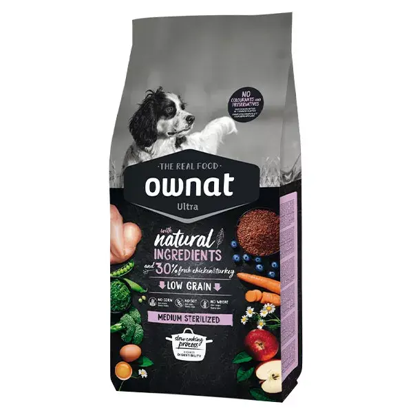 Alimento esterilizado Ownat Ultra para cães de raças médias, 3 kg