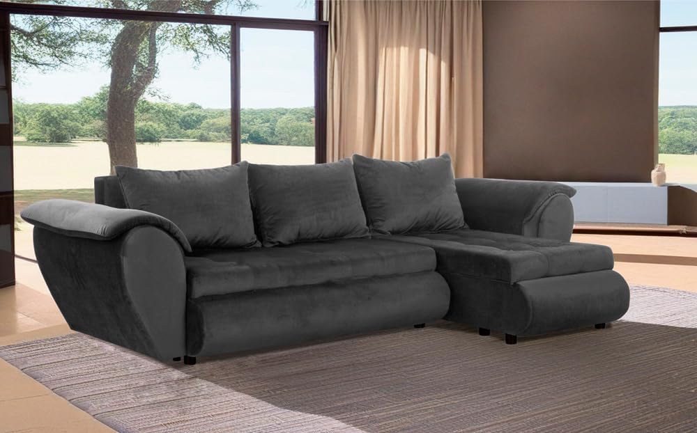 Santana Ecksofa mit Schlaffunktion und Bettkasten - Sofa mit 3 Sitzen und Robustem Überzug - Schlafcouch L-Form Universal - Modern Couch - 265x143x83 cm (Stoff Basic, Graphit)