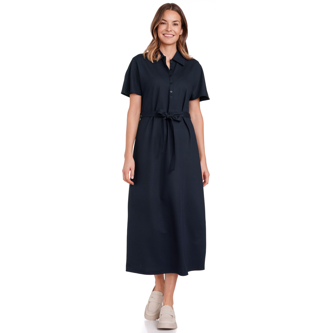 Damen Piqué-Kleid mit Bindegürtel dunkelblau