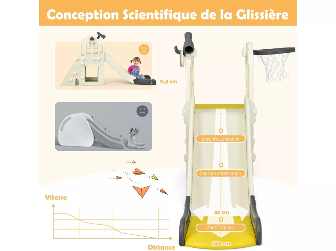 Toboggan 6 en 1 pour Enfant - Glisse de 140 CM - avec Panier de Basket, Escalade, Lancer d'Anneaux et Télescope,Toboggan Intérieure,Aire de Jeux Extérieure 3-8 Ans, Jaune