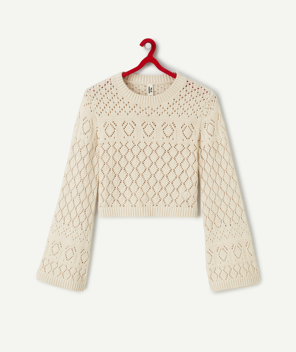 PULL CROCHET FILLE EN COTON BEIGE À MANCHES LONGUES