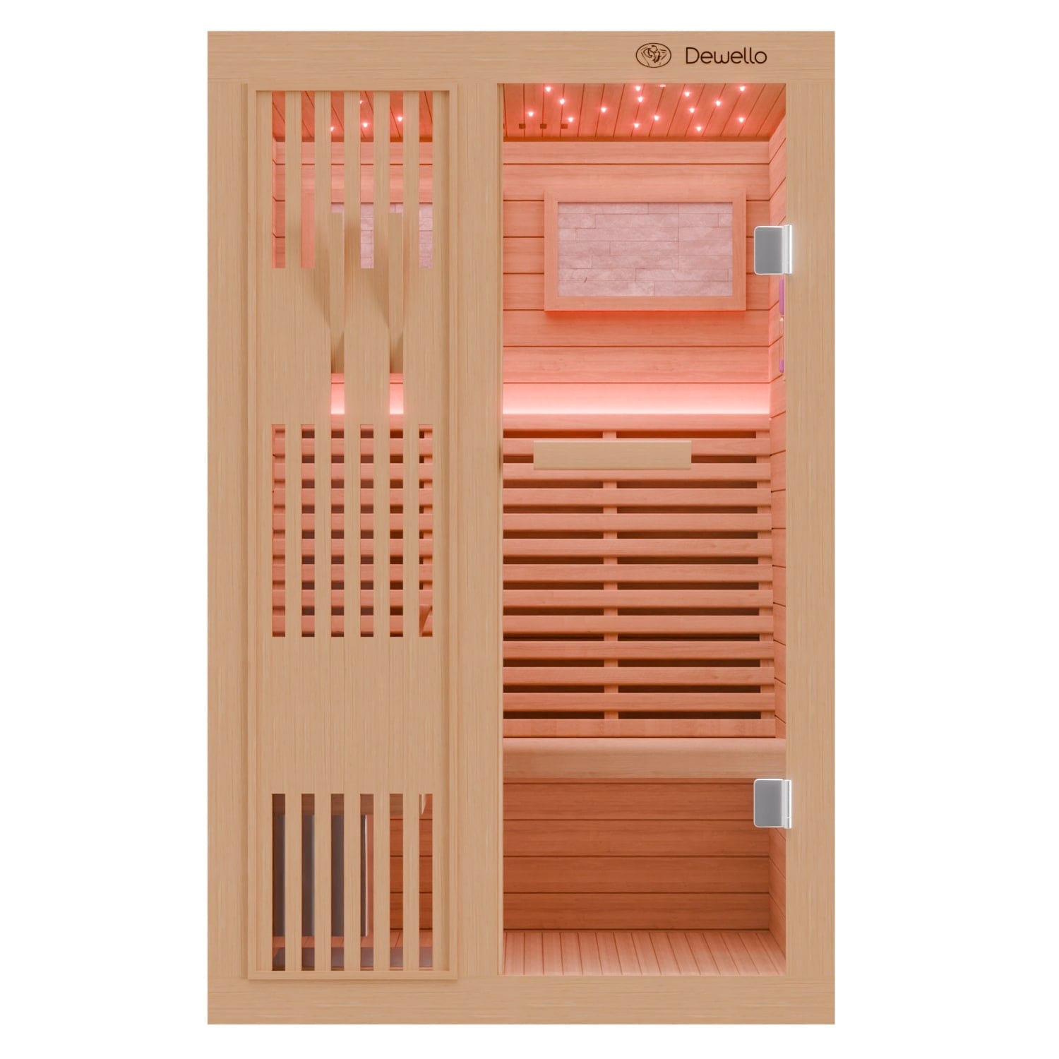 Dewello Finnische Sauna MINTO 120x120 Kabine aus Hemlock Tannenholz mit 3,5 kW Harvia Ofen, inkl Sauna Set